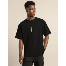 Pomeya  Unisex Bisiklet Yaka Baskılı Oversize T-Shirt - Siyah