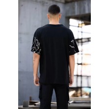 Pomeya  Unisex Bisiklet Yaka Baskılı Oversize T-Shirt - Siyah
