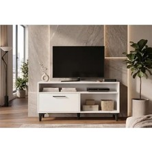 Eng Ahşap Modern Beyaz Tv Ünitesi 120 cm - Ayaklı ve Duvara Monte Edilebilir Çift Yönlü Kullanım