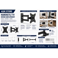 AŞIK STORE Hareketli Tv Duvar Askı Aparatı 22-42 Inç 25 kg Taşıma Kapasiteli 180° Döner Vesa 75X75-200X200 +15°/-15° Eğimli Çift Kollu Tv Askısı