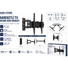 AŞIK STORE Hareketli Tv Duvar Askı Aparatı 32-47 Inç 25 kg Taşıma Kapasiteli Vesa 400X400 170° Döner +15°/-15° Eğimli