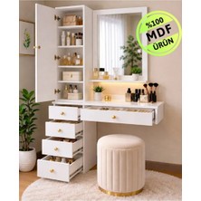 Eng Ahşap Aras Aynalı Makyaj Masası Beyaz Mdf 5 Raflı Çok Amaçlı Takı Dolaplı Şifonyer