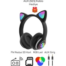 Eco Lounge Kulak Üstü Bluetooth 5.0 Gri Kedili Kulaklık Mikrofonlu Fm Radyo Sd Kart Aux Rgb Işıklı