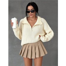 Kadın Oversize Fermuarlı Crop Triko Kazak