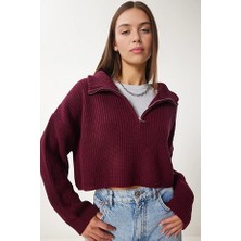 Kadın Oversize Fermuarlı Crop Triko Kazak