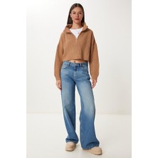 Kadın Oversize Fermuarlı Crop Triko Kazak