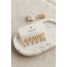Eco Lounge Kalp Zirkon Taşlı Gold Renk Pirinç Set Küpe