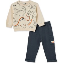 Hellobaby Erkek Bebek Eşofman Takımı Dinozor Baskılı Bağcıklı Bisiklet Yaka Long Sleeve Lastikli