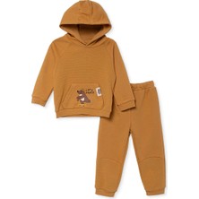 Hellobaby Erkek Bebek Eşofman Takımı Ayı Baskılı Bağcıklı Kapüşonlu Long Sleeve Ribanalı