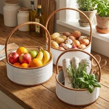 Uravas Store 3 Boy Iç Içe Geçebilen Plastik Rattan Sepetler–beyaz Renkli,kahverengi Saplı, Çok Amaçlı Düzenleyici ve Sunum Sepeti Seti
