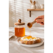 Porsima LM-0057 Bambu Kapaklı Bambu Kaşıklı Cam Şekerlik Sunumluk Bal ve Reçel Kavanozu Saklama Kabı 450ML