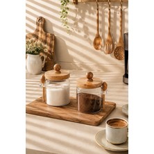 Porsima LM-0057 Bambu Kapaklı Bambu Kaşıklı Cam 2li Şekerlik Sunumluk Seti Bal ve Reçel Kavanozu Saklama Kabı 450ML