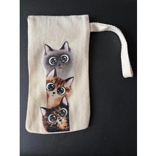 Bilgece Atölye Kedi Resimli Gabardin Kumas El Yapımı Gozluk Kılıfı