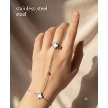 Stainless Steel Gümüş Renk Yüzüklü Beyaz Yonca Taş Motifli Çelik Şahmeran
