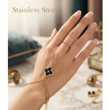 Stainless Steel Gold Renk Siyah Yonca Model Çelik Şahmeran