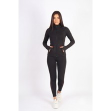 Soft & Basic Kadın Tayt Takım Polyester Paçası Tül Detaylı Yüksek Bel Tayt ve Hırka