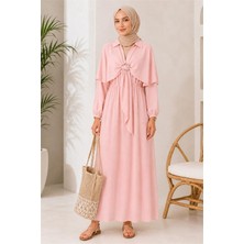 Neşeli Butik Kadın Pembe Pelerin Detaylı Gömlek Yaka Bel Lastikli Tesettür Elbise NBELB014