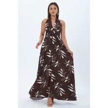 Neşeli Butik Kadın Kahverengi Halter Yaka Sırt Dekolteli Maxi Boy Elbise NBMY4121
