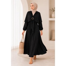 Neşeli Butik Kadın Siyah Pelerin Detaylı Gömlek Yaka Bel Lastikli Tesettür Elbise NBELB014