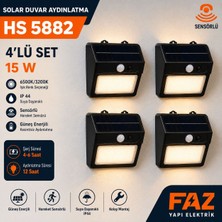 Helios HS5882 15W Solar Duvar Aydınlatma Lambası Sensörlü IP44 Güneş Enerjili Bahçe Apliği 4’lü Set 6500K/3200K