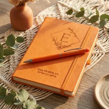 Loren Gift Isme Özel Turuncu Çizgili Deri Defter ve Tükenmez Kalem Seti