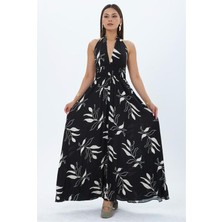 Neşeli Butik Kadın Siyah Halter Yaka Sırt Dekolteli Maxi Boy Elbise NBMY4121