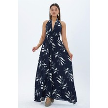 Neşeli Butik Kadın Lacivert Halter Yaka Sırt Dekolteli Maxi Boy Elbise NBMY4121