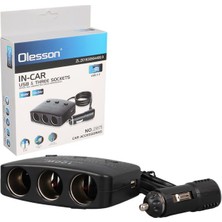 Renas Store Olesson 1636 12-24V Çift USB Girişli 100W 70 cm Kablolu 3’lü Araç Çakmak Çoklayıcı