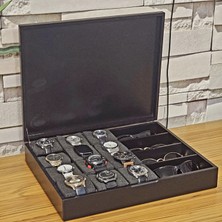 Tekir Store Ahşap Siyah 12 Bölmeli Saat 4 Bölmeli Gözlük Kutusu Dekoratif Saklama Kutusu Organizer