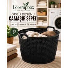 Lorempbox Örgü Desenli Çamaşır Sepeti | Geniş Hacimli, Kulplu, Dayanıklı Plastik Kirli Çamaşır Sepeti Siyah