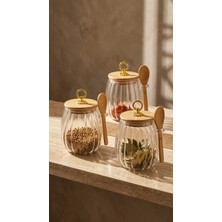 Leylart 3'lü Borosilikat Cam Halka Kapaklı Çizgili Kaşıklı Cam Kavanoz Mutfak Seti 650 ml
