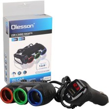 Renas Store Olesson 1633 12-24V Tek USB Girişli 120W 80CM Kablolu Dijital Voltaj Ekranlı 3’lü Araç Çakmak Çoklayıcı