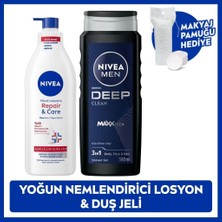 Nivea MEN Erkek Deep Clean Duş Jeli 500ml ve Repair Care Nemlendirici Vücut Losyonu 400ml, Pamuk Hediye