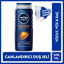 Nivea MEN Erkek Duş Jeli Sport 500ml, Canlandırıcı, Vücut Saç Yüz, Spor Sonrası Yenileyici, Pamuk Hediye