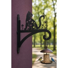Awt Store Metal Kedi Figürlü Duvar Tipi Kuş Yemliği - Çiçek Askılığı – Lazer Kesim Dekoratif Bahçe Askısı – Mat Siyah