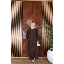 Trendparis Çilek Kumaş Rahat Kesim Tunik & Pantolon Tesettür Takım Kahverengi