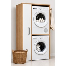 Rudu Noa Çamaşır ve Kurutma Makinesi Dolabı, Banyo Dolabı 92X65X184 cm 1 Kapaklı 5 Raflı - Meşe-Beyaz