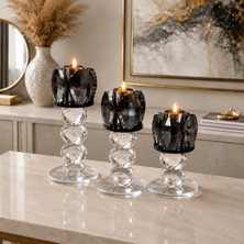 Mis Kitchen Lüks Kristal Cam 3’lü Şamdan Mumluk Seti – Füme Kristal Taş Detaylı Dekoratif Salon ve Masa Aksesuarı