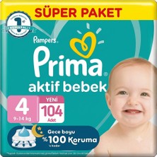Prima 4 Beden Aktif Bebek Bezi Süper Paket 52X2 104 Adet
