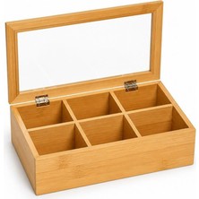 Umiya Bambu Çay Saklama Kutusu Şeffaf Kapaklı 6 Bölmeli Ahşap Çay Organizeri 24X16X7 cm