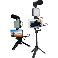 Bezos Telefon Tutucu LED Işıklı Kumandalı Mikrofon Telefon Vlog Video Kayıt