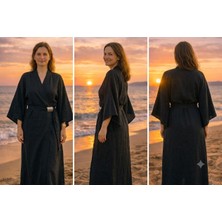 Kruvaze Kesim Kemerli ve Tokalı Cupro Kimono / Kaftan