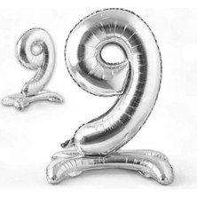 Deha Parti 9 Yaş Gümüş Ayaklı Folyo Rakam Balon 70 cm Doğum Günü Parti Dekorasyon Süsü