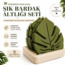 Yaprak Tasarımlı Bardak Altlığı Seti Standlı Dekoratif Ahşap Görünümlü Masa Koruyucu 6'lı