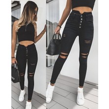 Efnaz Style Kadın 5 Düğmeli V Detay Bel Yırtık Kot Pantolon