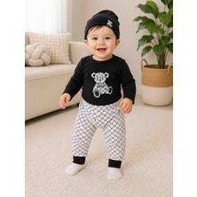 Babys Tasarım Erkek Bebek 3'lü Takım Ayıcık Baskılı Şapkalı Pamuklu Body Pantolon Seti