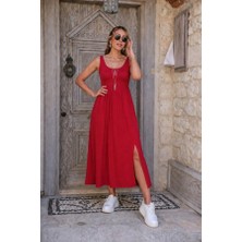 Efnaz Style Kadın Askılı Yuvarlak Yakalı Yandan Yırtmaçlı Uzun Viskon Elbise