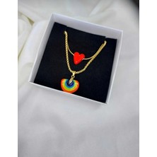 Nergis Collection Murano Gökkuşağı Kırmızı Kalp Kolye Ikili Set