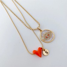 Nergis Collection Murano Turuncu Kalp / Sedefli Göz Kolye