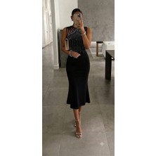 Efnaz Style Kadın Kolsuz Omuzlardan Taş Şerit Detaylı Midi Janjan Krep Elbise
